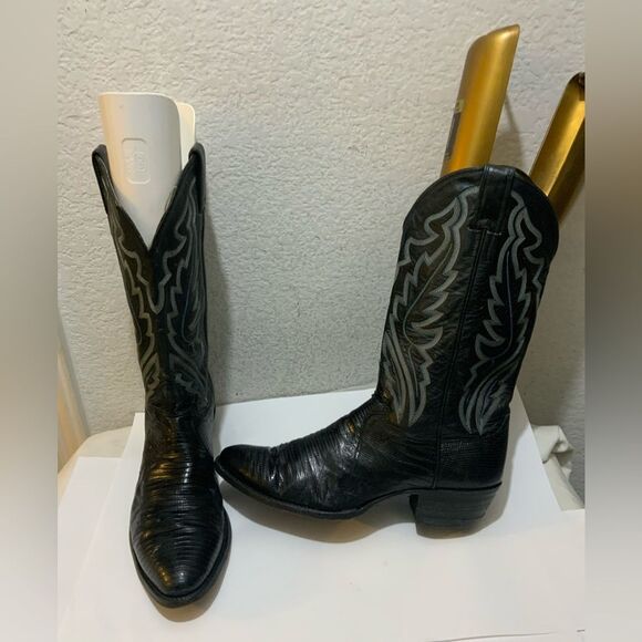 Justin Lizard Skin Leather Cowboy Western Boots Men\'s 9.5 D Black USA 8313 main image 7